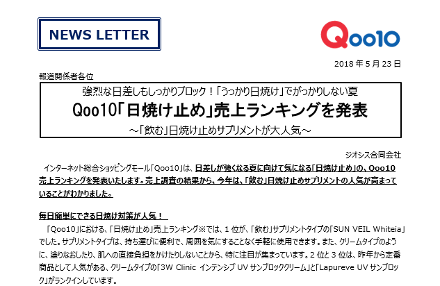 News Letter うっかり日焼け でがっかりしない Qoo10 日焼け止め 売上ランキングを発表 5 23