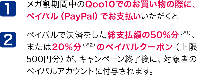1 メガ割期間中のQoo10でのお買い物の際に、ペイパル(PayPal)でお支払いいただくと 2 ペイパルで決済をした総支払額の50%
分、または20%分のペイパルクーポン(上限500円分)が、キャンペーン終了後に、対象者のペイパルアカウントに付与されます